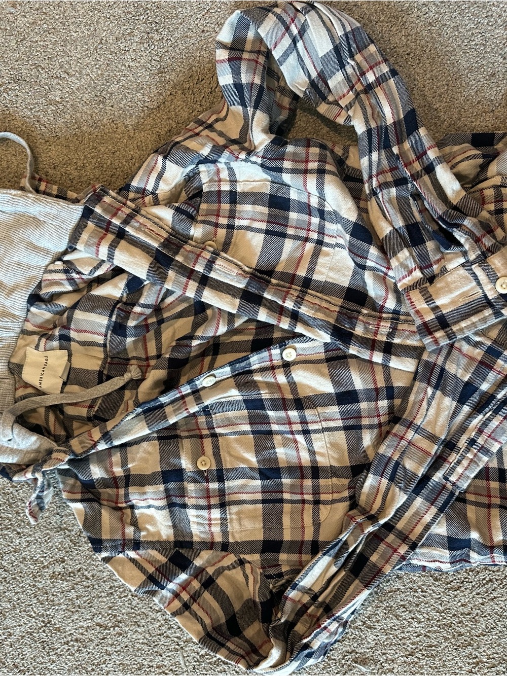 American Eagle Outfitters Plaid Button-Down Shirt - Cream, Blue & Red